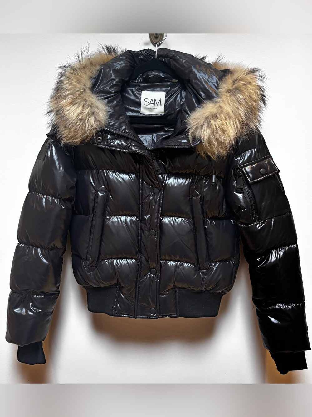 SAM. New York Black Down Puffer Jacket Real Fur Hood